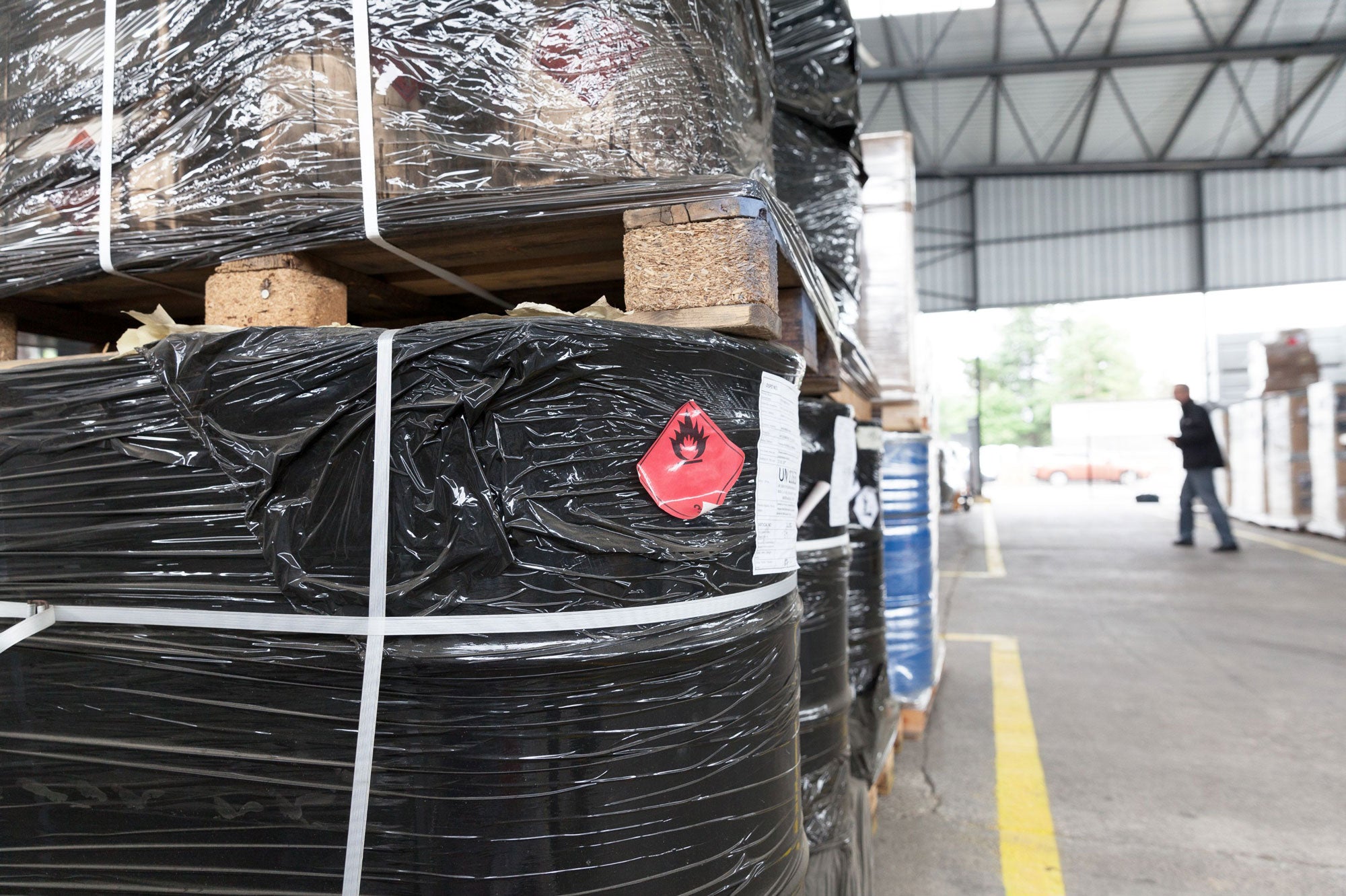 Pallets with appropriate stickers and warnings