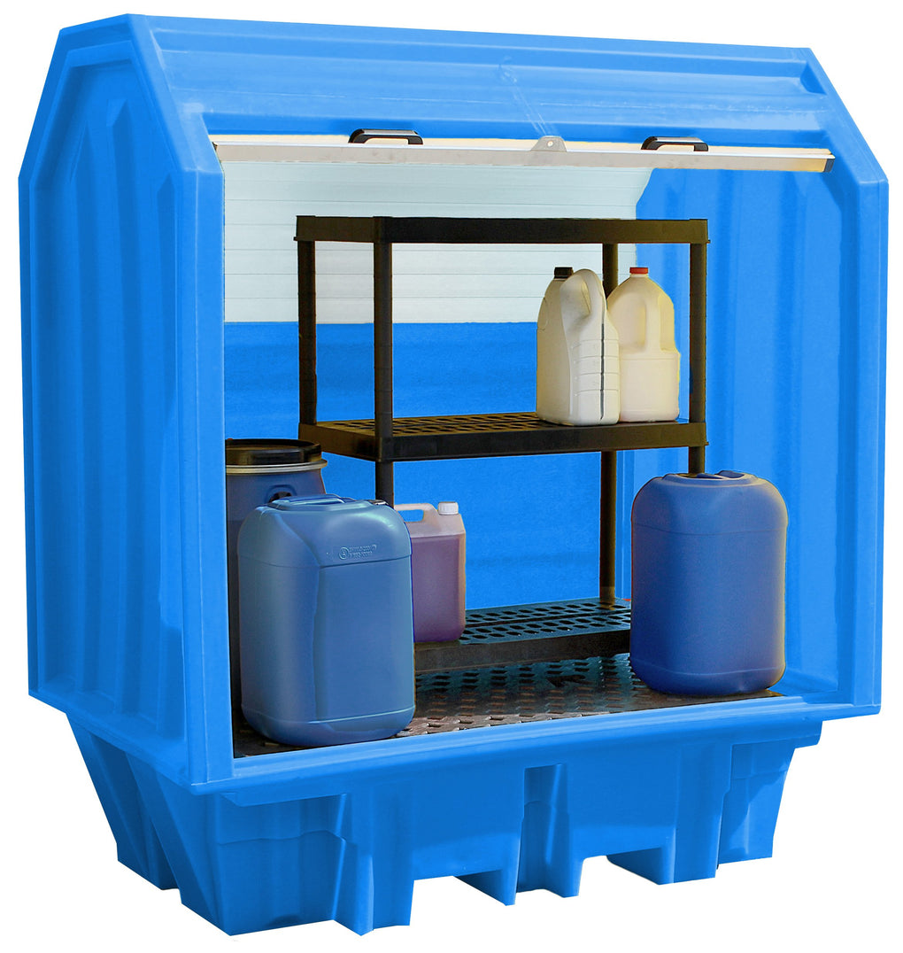 BP2HCS - 2 Drum Hard Covered Plastic Bunded Spill Containment Pallet with Shelving