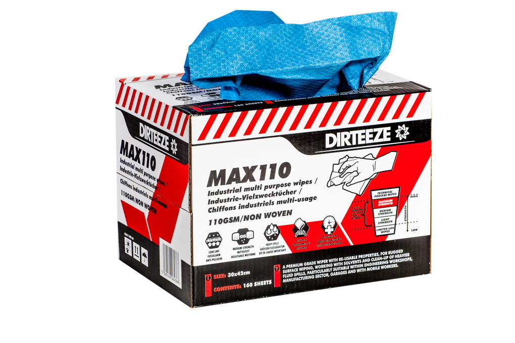 Dirteeze Heavy Duty Maximum Strength Industrial Wipes - MAX110B ||Box of 160 Wipes for Surface Cleaning