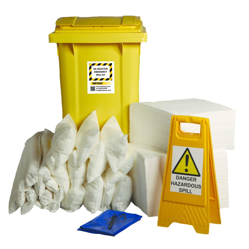 240ltr Oil Selective Spill Kit Two Wheel Bin with Hinged Lid - OS240SK || Absorbs Hydrocarbons but repels water